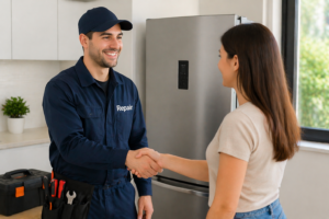 فني صيانة يصافح عميل بعد إصلاح جهاز فريجيدير